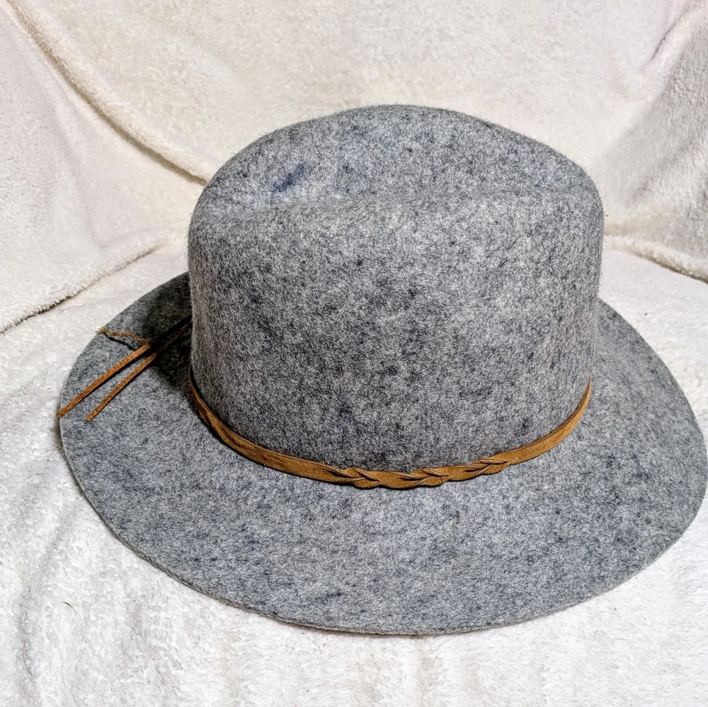 Women's Heather Gray‎ Wool Winter Boho Floppy Hat W/Faux Leather Detail